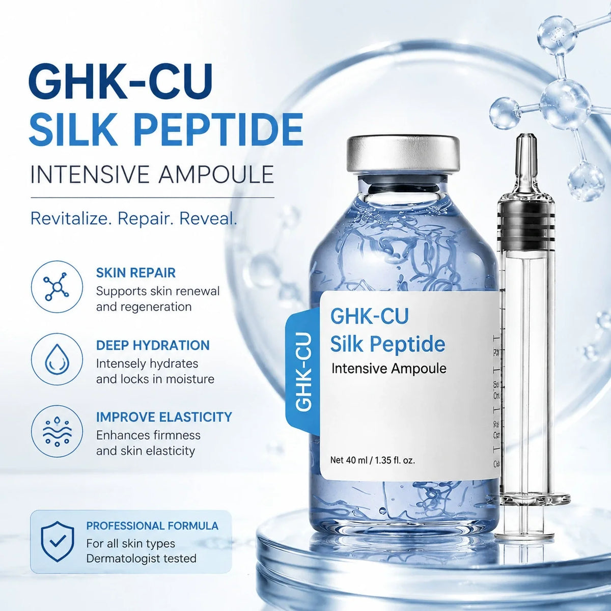 GHK-Cu Blue Copper Silk Peptide Ampoule Serum Deep Collagen Hydrate Moisturize Soften Smooth Firm Korean Facial Skin Care